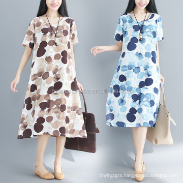 Plus size print linen women dresses circle print summer cotton linen casual dress